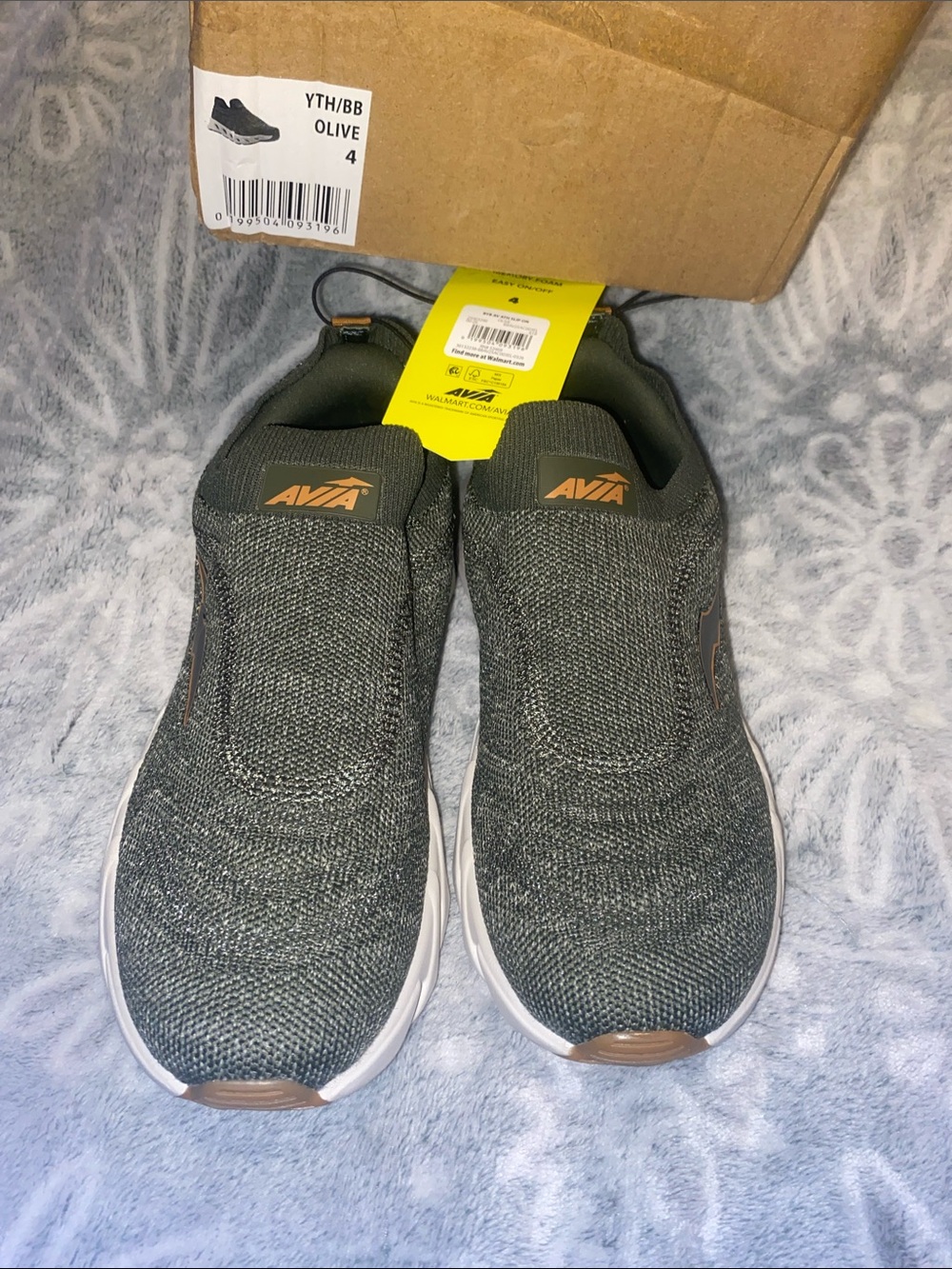 Avia Olive Slip-On Knit Kids' Sneakers with Tan Logo Accents